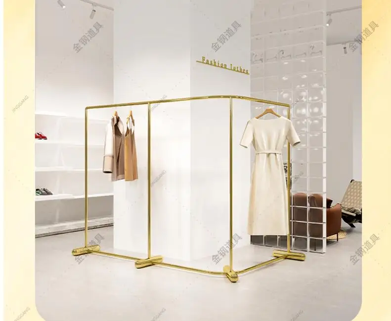 Clothing store display rack floor stainless steel titanium gold hangers children clothing store mid island curved corner display