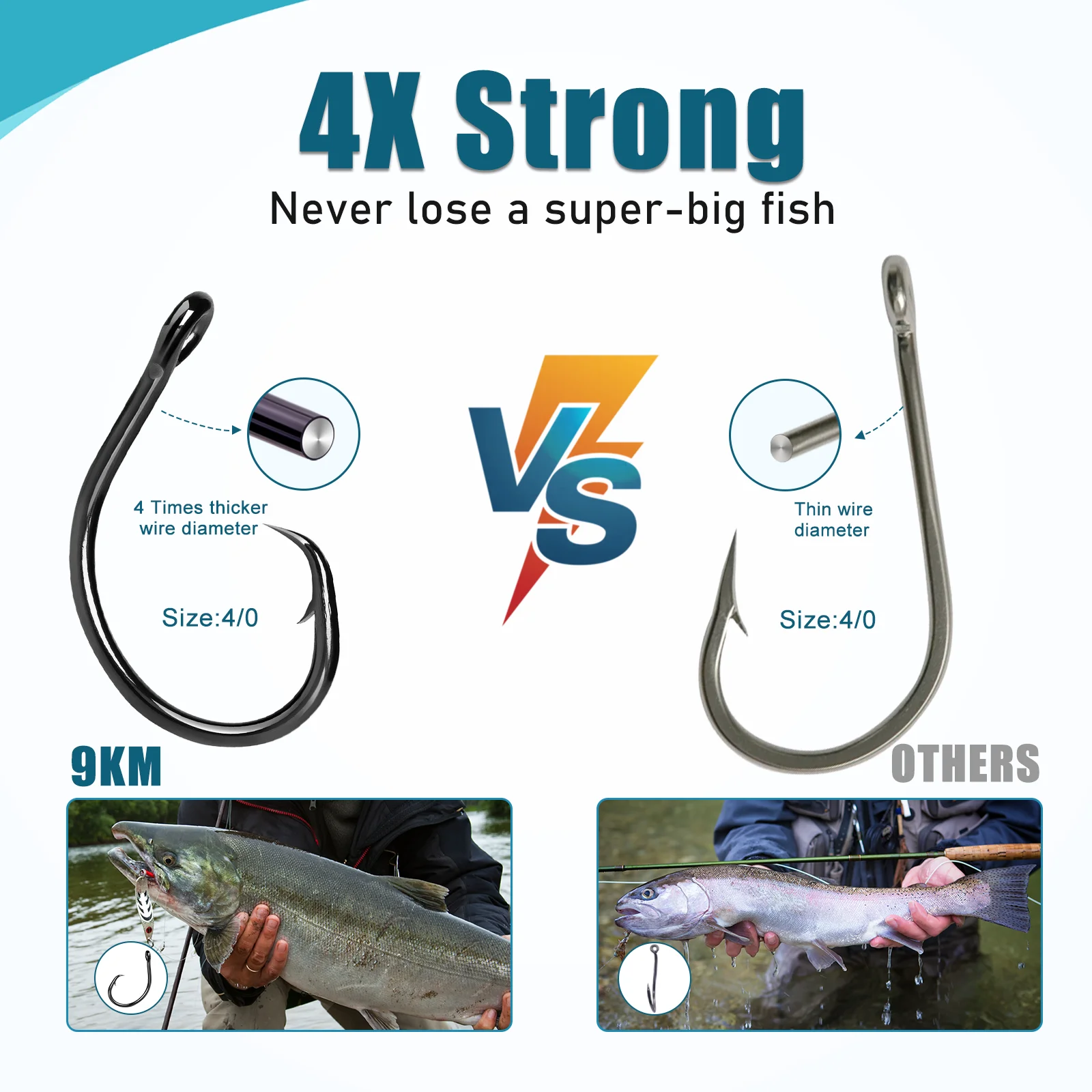 9 كجم 4X خطاف صيد قوي دائرة هوك عالية الكربون الصلب غير إزاحة مغلقة العين فجوة واسعة لسمك السلور باس السلمون المياه المالحة الطازجة
