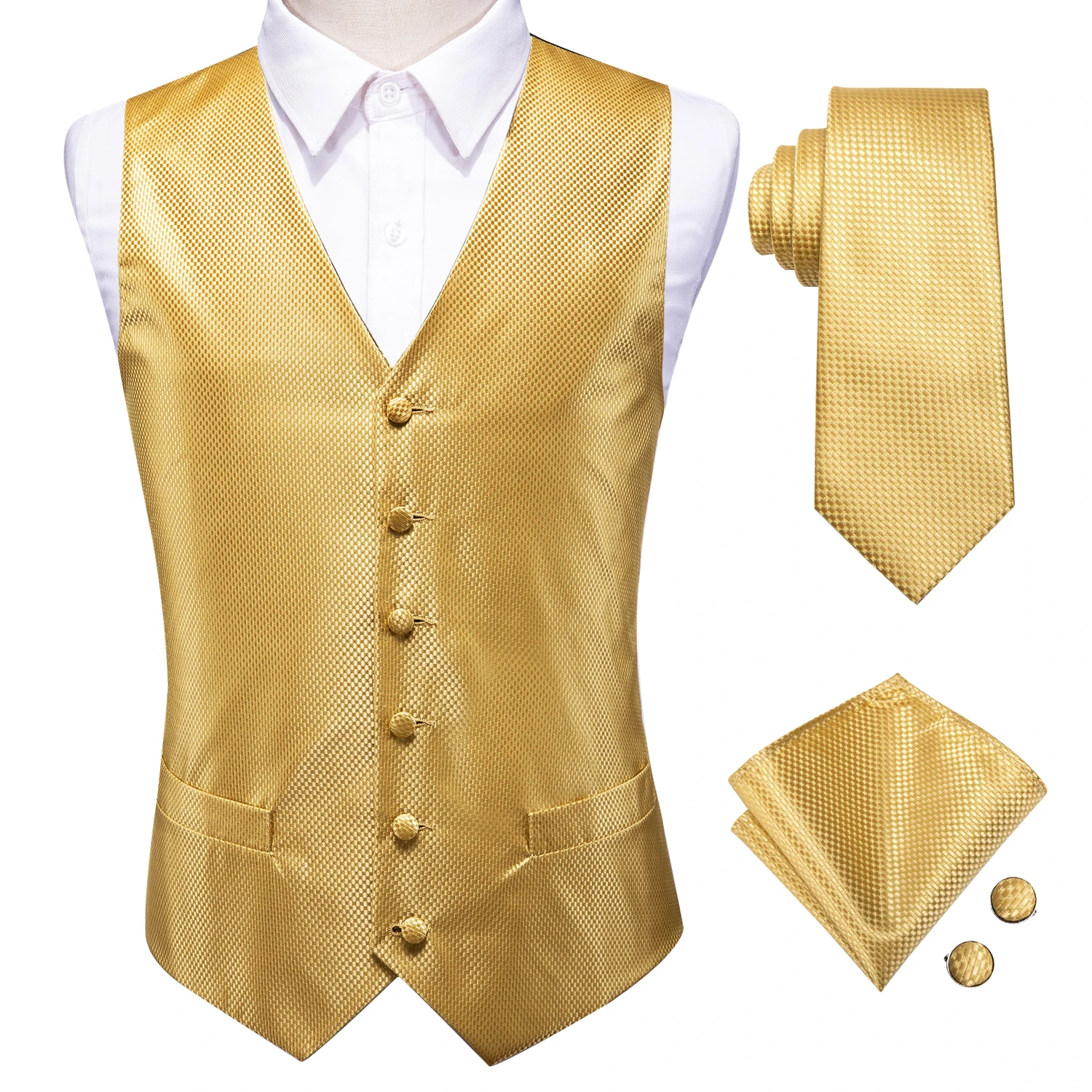 Gold Silk Men Vest Fashion Solid Waistcoat Neck Tie Handkerchief Cufflinks Brooch Set for Men Suit Wedding Party Designer Hi-Tie