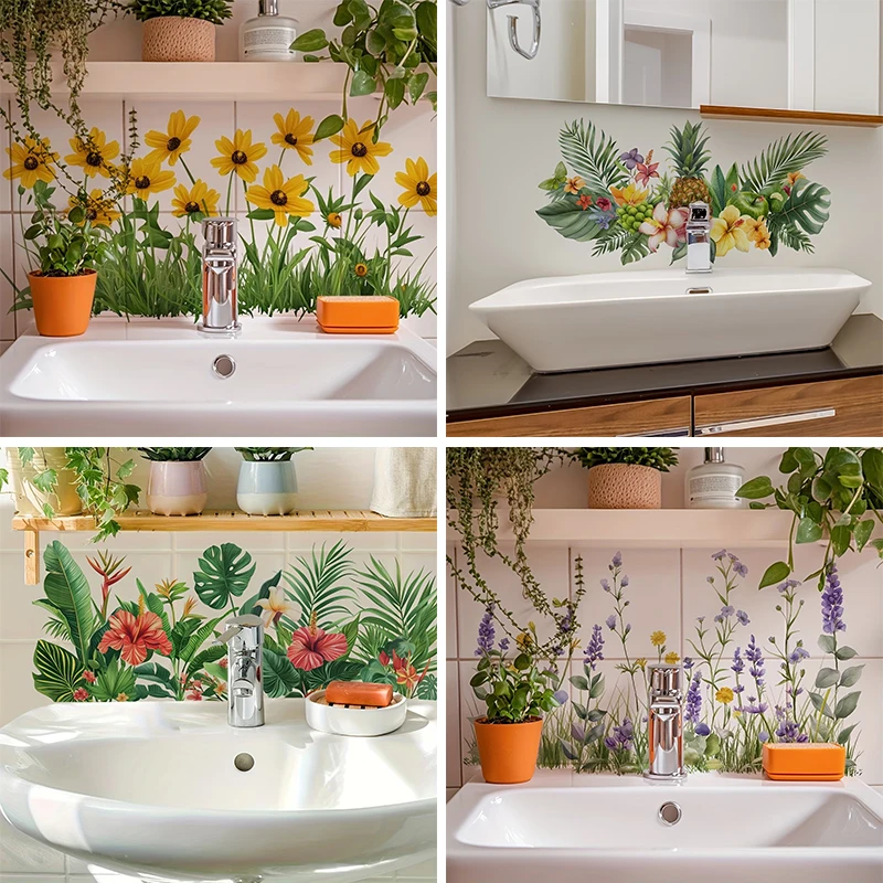 Fresh Floral Pattern Bathroom Wall Sticker Self-Adhesive Removable Waterproof Sink Area Background Creative Wall Decoration