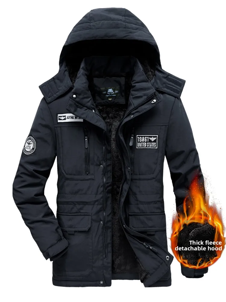

Thiened Fce Lined Cotton Jaet Men's Mid-Length Detachable Cap Mountain Climbing Suit Windbreaker Large Size Multi-k...