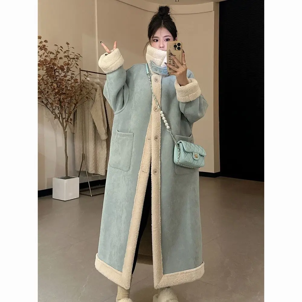 

Reversible Suede Sherpa Coat Women Winter Long Plush Double Face Jacket