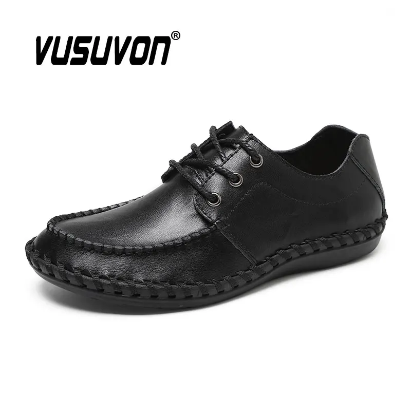 Men Derby Shoes Breathable Cow Leather 38-46 Size Boys Loafers Black Soft Outdoor Casual Winter Mules Dress Work Flats