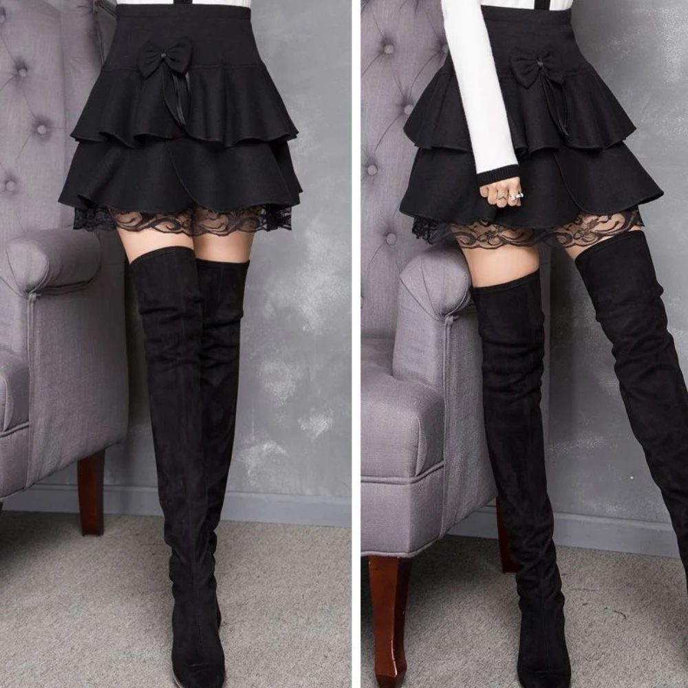 2025年 レディース ゴシックロリータ ティアードミニスカート - リボン付きレーストリム フレアスカート 秋冬用、甘くてエッジの効いたスタイル