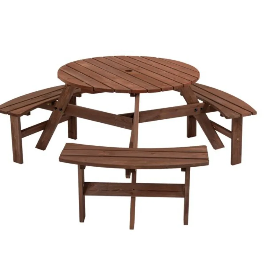 6Person Outdoor Circular Wooden Picnic Table with 3 Builtin Benches for Patio Backyard Garden Brown