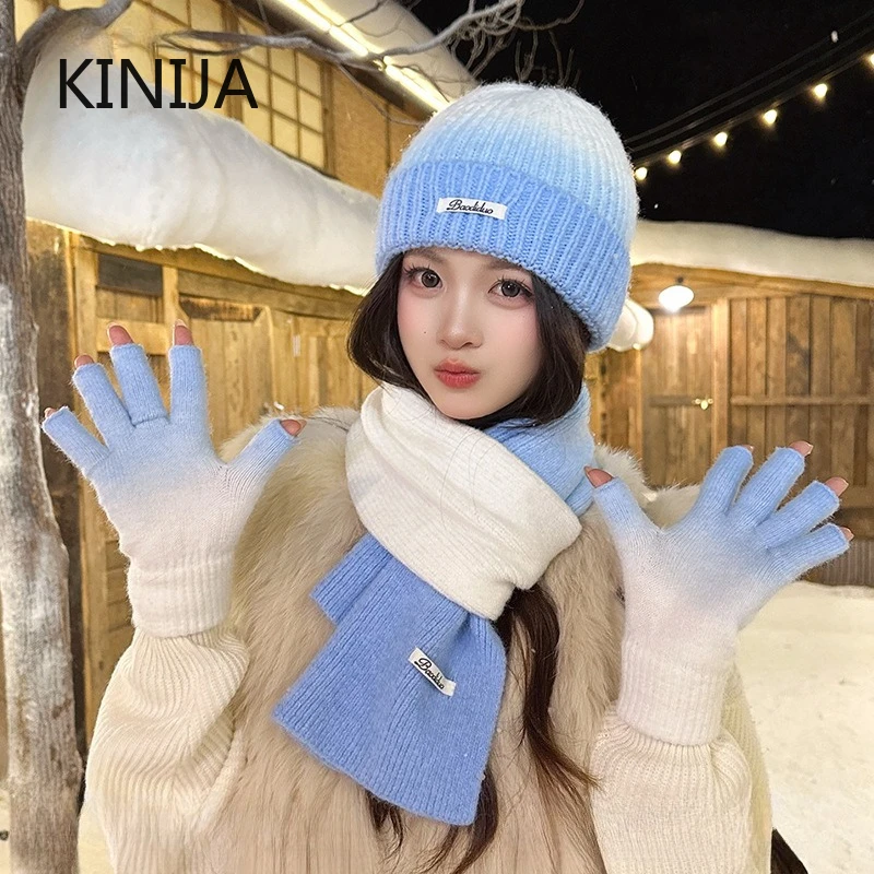 3pcs Gradient Color Knitted Hat Scarf Gloves Set for Women Outdoor Windproof Warm Riding Skiing Set Beanie Hat Korean
