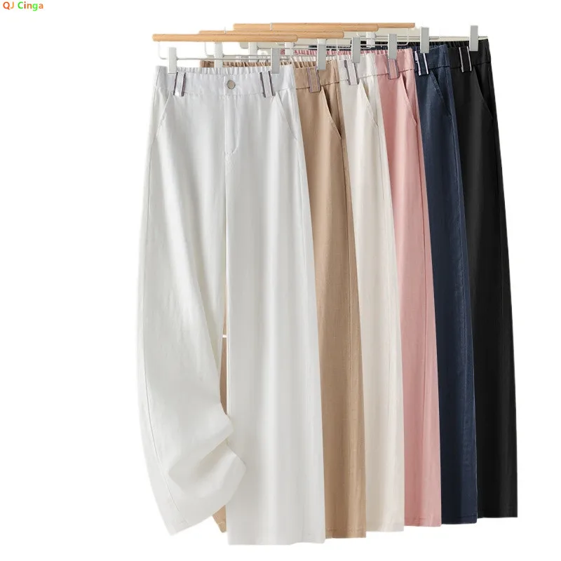 Women Linen Straight Leg Long Pants, 2026 Summer High Waisted Lightweight Wide Leg Casual Trousers, Pink Khaki Black White
