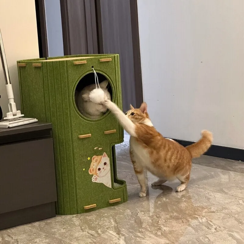 Double Layer Soft Felt Cat House Enclosed Cat Cave Bed Warm Winter With Hanging Toy Ball For Indoor Cats Kitty Pet Home Supplies