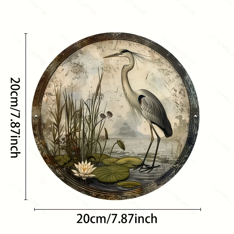 A Round Elegant Heron Aluminum Sign, Cute Bird Sign, Living Room Wall Decor, Round Stylish Art Aesthetic, Patio Decor Gift Holid