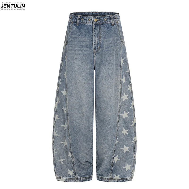 American Retro Washed Curved Knife Jeans For Men Loose And Wide Legs Vintage Punk Five Pointed Star Print Design Long Pants Y2k