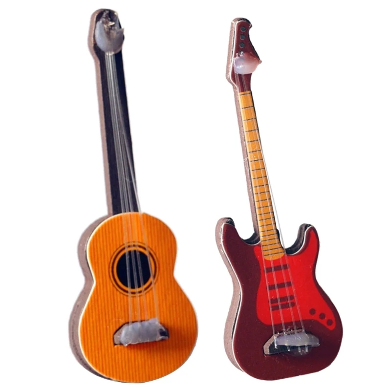 Wooden Miniature Guitar Mini Dollhouse Miniature Instrument Classical Electric Guitar Model Office Tabletop Decorations