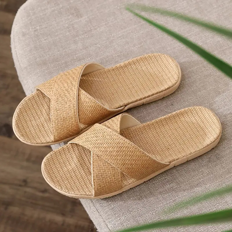 2026 New Men's Linen Slippers Non-Slip Sole House Indoor Slides Comfortable Thick Bottom Home Slippers