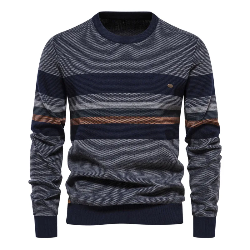 

2023 Autumn Retro Long Sleeved Men's Sweater Slim Fit Round Neck Stripe