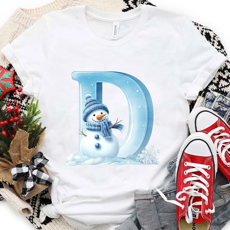 Camiseta feminina do alfabeto A-Z de Natal, camiseta gráfica do boneco de neve com estampa de férias de Papai Noel, roupas femininas casuais da moda para festa de Natal