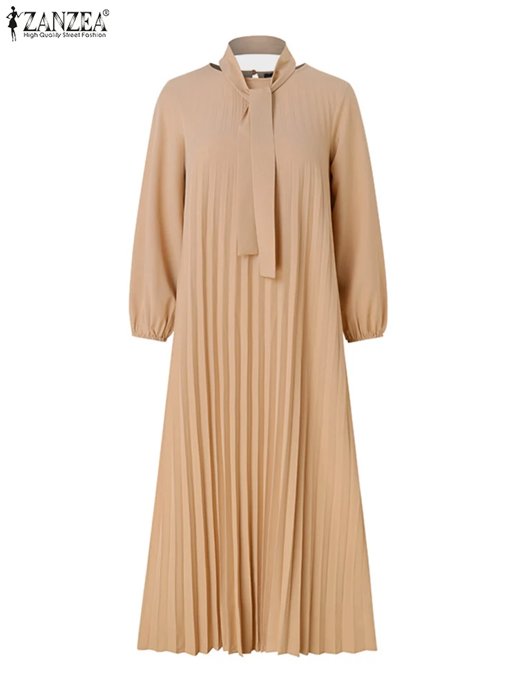 Fashion Women Dubai Turkey Muslim Dress ZANZEA Autumn Elegant Pleated Long Abaya Hijab Sundress Casual Islamic Clothing Robe