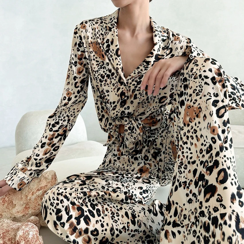

Hiloc Casual Leopard Print Pajama For Woman Home Loose Wide-Leg Pants With Single-Breasted Shirts Two Piece Set Outfits 2025