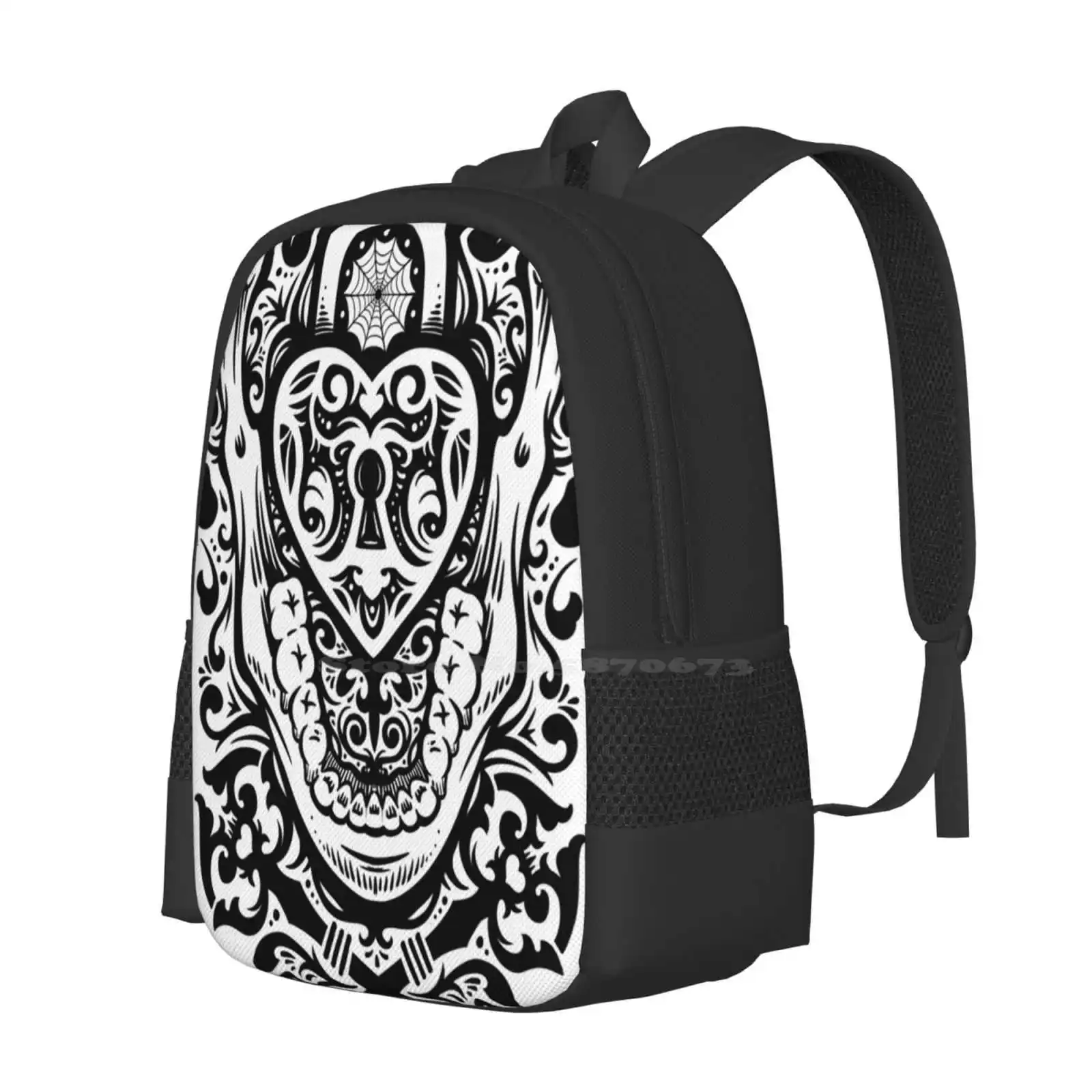 Mochila de diseño con estampado 3D The Key To My Teeth, bolso de estudiante, Calavera, hueso, corazón, cerradura de llave, Punk de Metal de terror