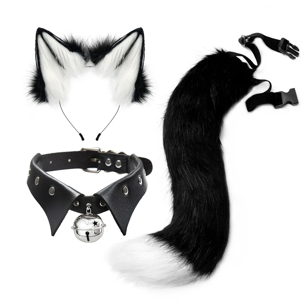 Halloween Faux Fur Fox Ears Headband Tail Choker Set, Fluffy Animal Ears Hair Hoop Bell Collar Halloween Cosplay Accessories