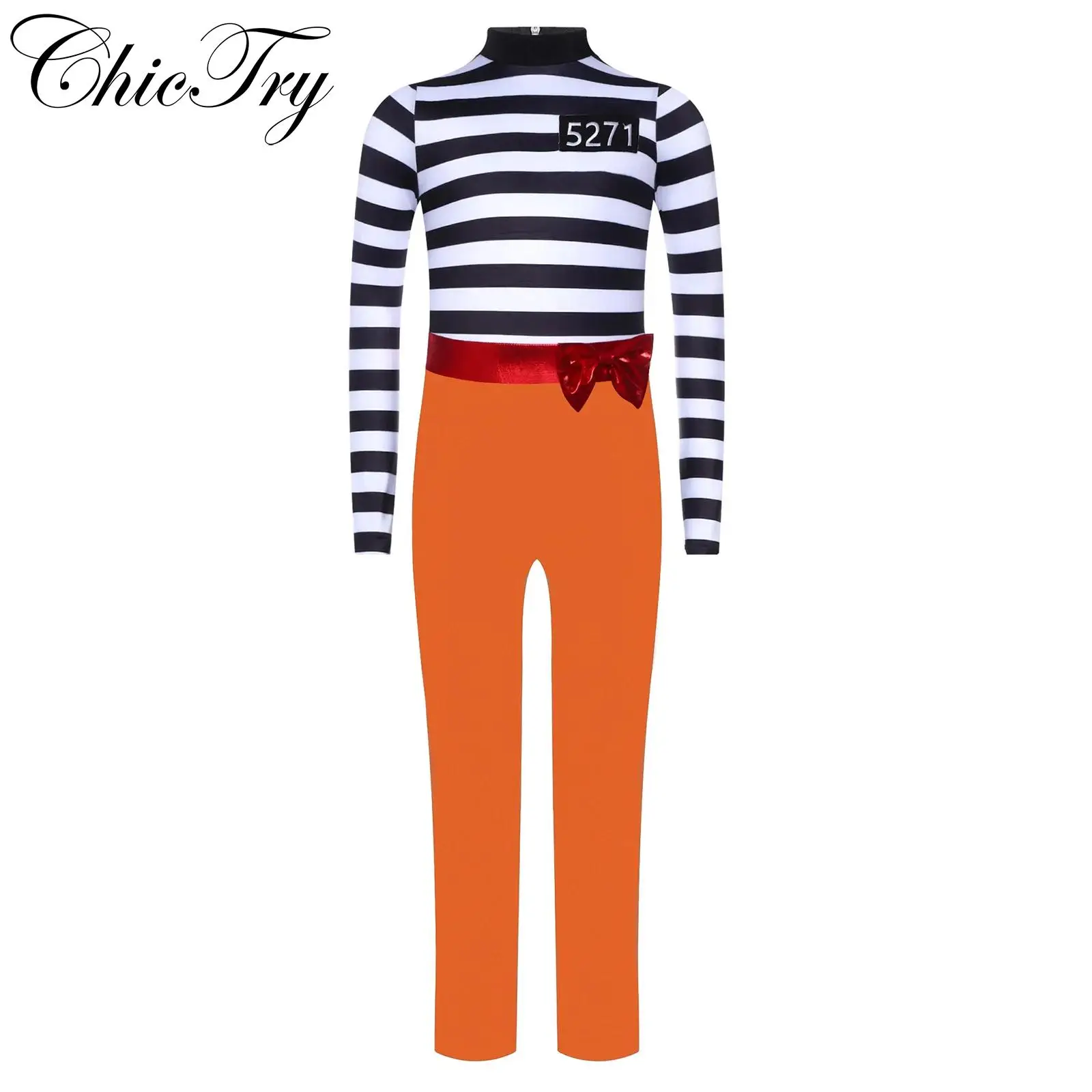 

Kids Girls Prisoner Costume Halloween Cosplay Party Romper Long Sleeves Stripes Jumpsuit with Bow Carnival Roleplay Dress Up