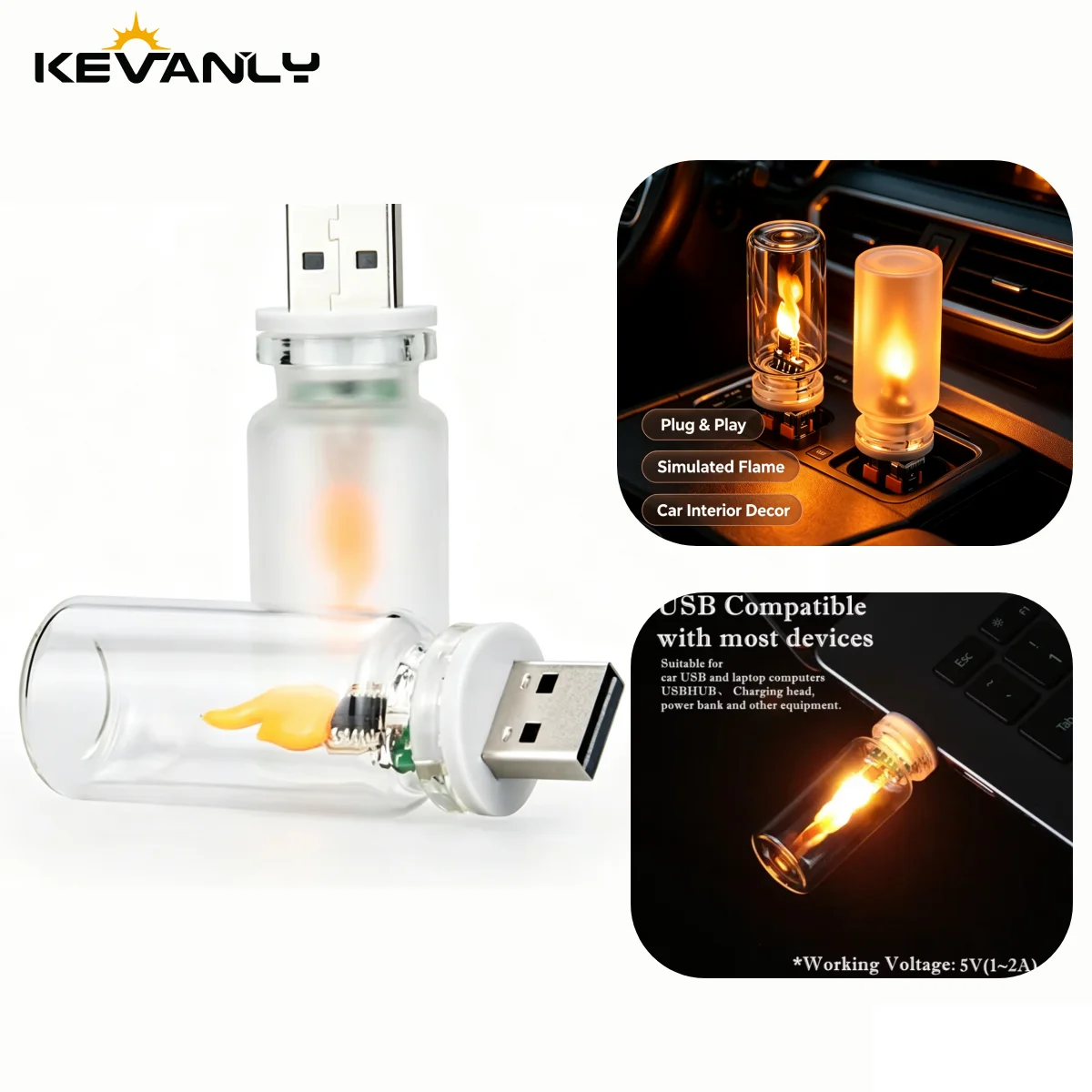 USB Flame Atmosphere Light Flickering LED Glass Warm Night Light Simulated Flame for Car Home Room Laptop PC Festival Decoration