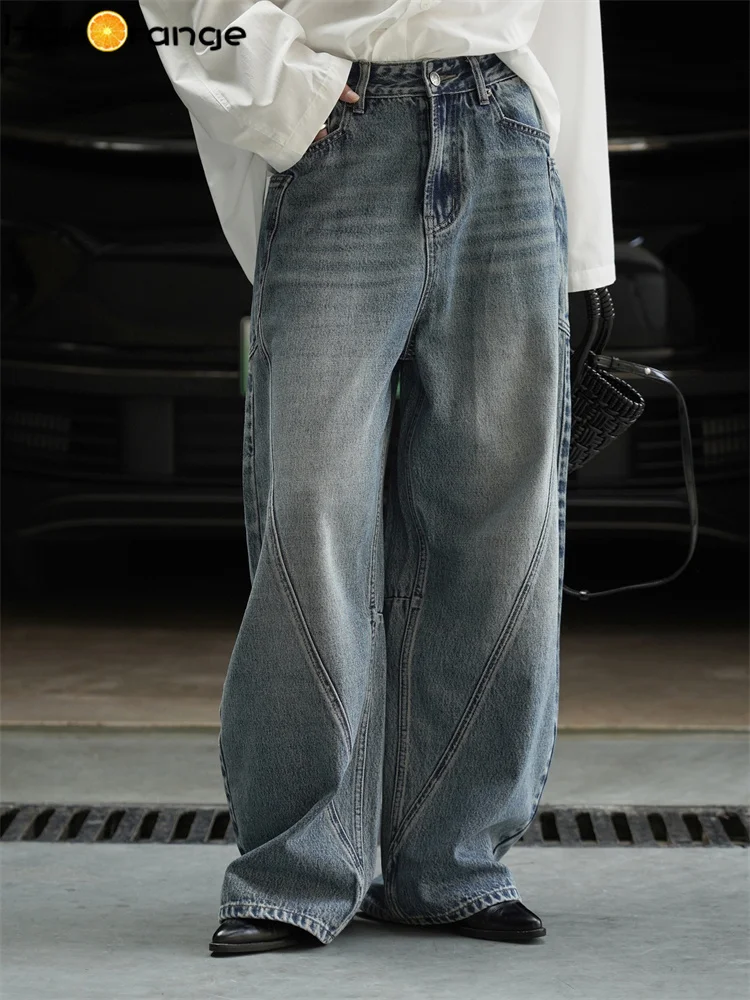 

HanOrange 2025 Autumn/Winter Fashion Personalized Cutting Splicing Cargo Jeans Women Loose Wide Leg 100% Cotton Denim Pants Blue