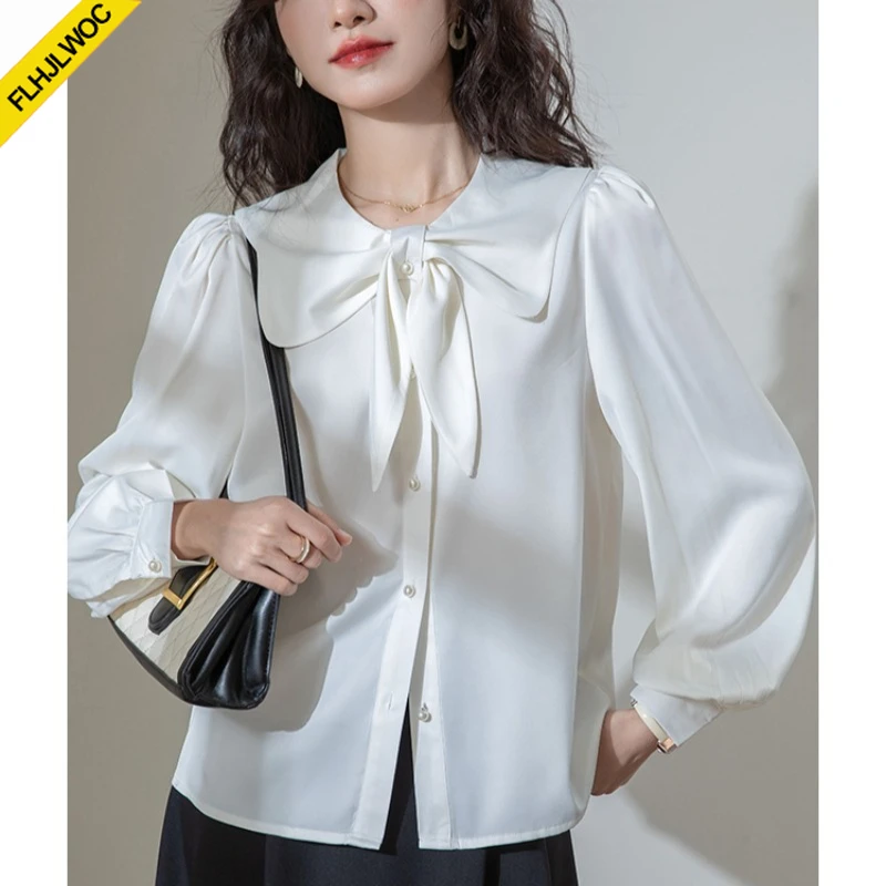 Witte Franse blouse met pofmouwen voor dames Leuke lieve meisjes Lente Zomer Nieuwe matrozenkraag Top Strikje Lace-up witte shirts