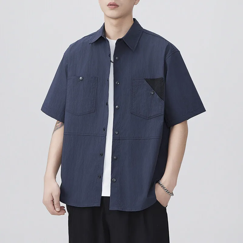 Men's Japanese Retro Summer Splice Pocket Short Sleeve Techwear Cargo Shirt Man Loose Casual Plus Size Blouses Shirts