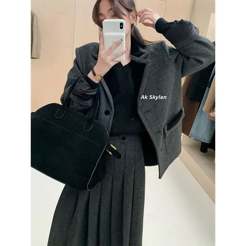 

UNXX British Style Short Woolen Blazer Pleated Skirt Suits Retro Casual Solid Loose Woolen Blazers + Skirt Two-piece Set Women