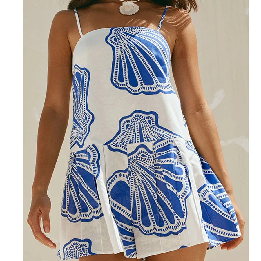 Mini abito da donna con stampa di conchiglie, collo quadrato, cinturino per spaghetti, abito con volant a trapezio senza schienale per i viaggi quotidiani