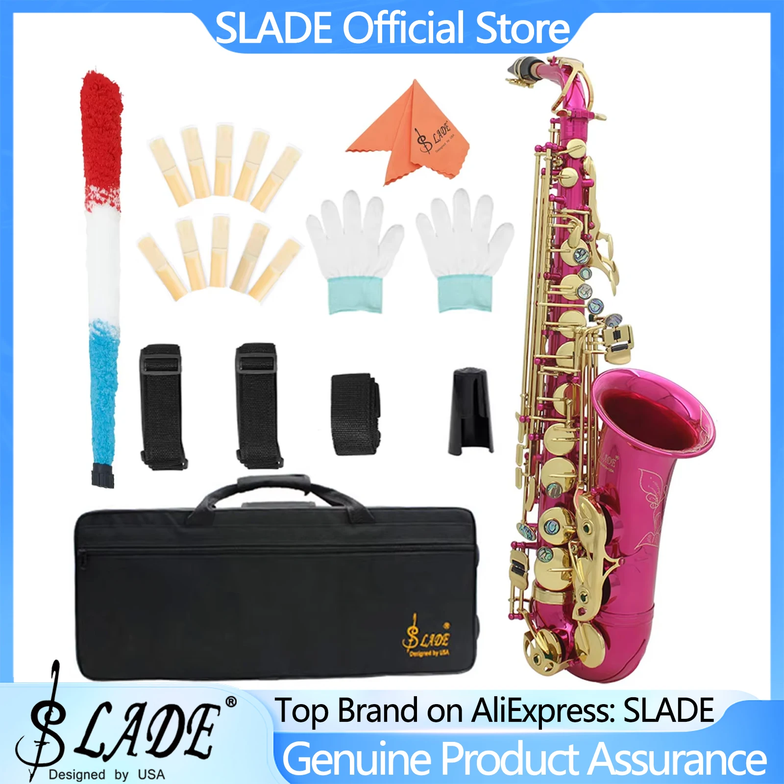 

Альт-саксофон SLADE Eb с клавишами цвета розового золота, комплект с футляром, мундштуком, щеткой для чистки и аксессуарами