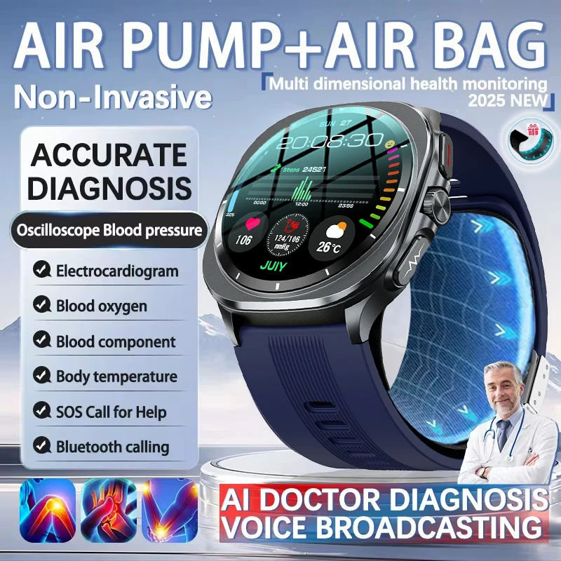 2025New Grado infermieristico Pompa d'aria Airbag Misura accurata ECG Ossigeno nel sangue SmartWatch Uomo Pressione sanguigna Fitness Sport SmartWatch