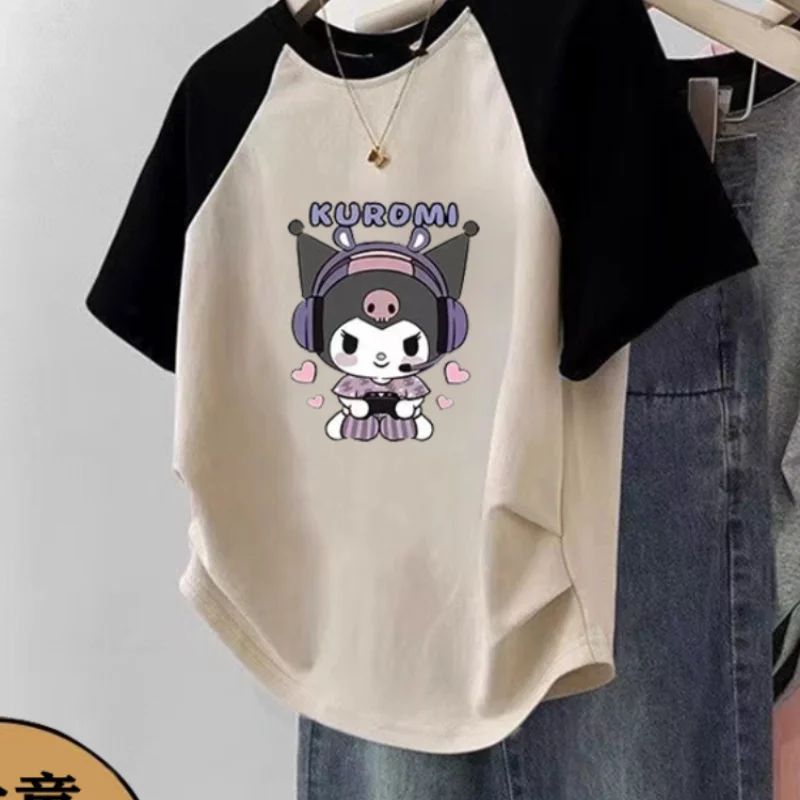 

Sanrio Cotton Girl T-Shirt Hello Kitty Kawaii Anime Kuromi Fashion Student Round Neck T-Shirt Tops Leisure Children Clothing New