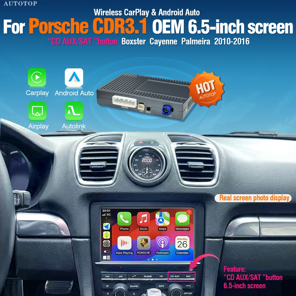 

Беспроводной декодер AUTOTOP для CarPlay и Android Auto, адаптер для Porsche CDR3.1 Boxster Cayenne Panamera, мультимедийный адаптер с поддержкой AirPlay и AUX.