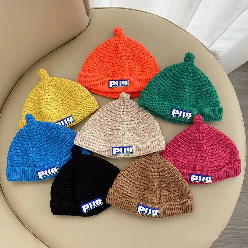 Cute Pacifier Shaped Wool Knitted Hat for Kids Baby English Embroidery Woolen Hats Autumn Winter Warm Hedging Cap Beanies Caps