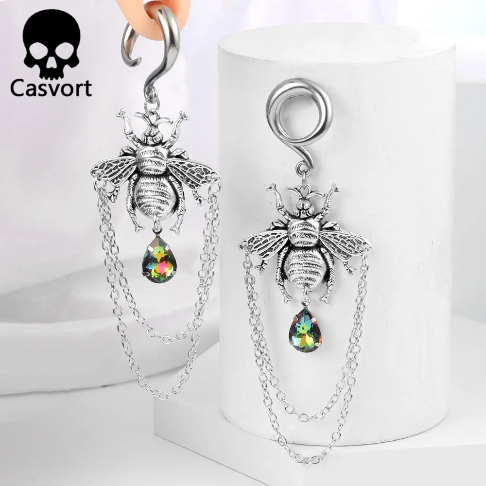 Casvort 2PCS Vintag Golden Bee Ear Weight Hangers Earrings Hook Dangle Stretcher Women Piercing Body Jewelry Expander