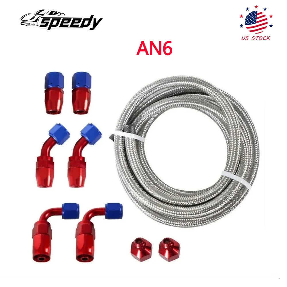 

High Quality 12FT AN6 Nylon & Stainless Steel Braided Oil Gas Fuel Hose Line Sliver + Aluminum End Fittings Kit Red-Blue