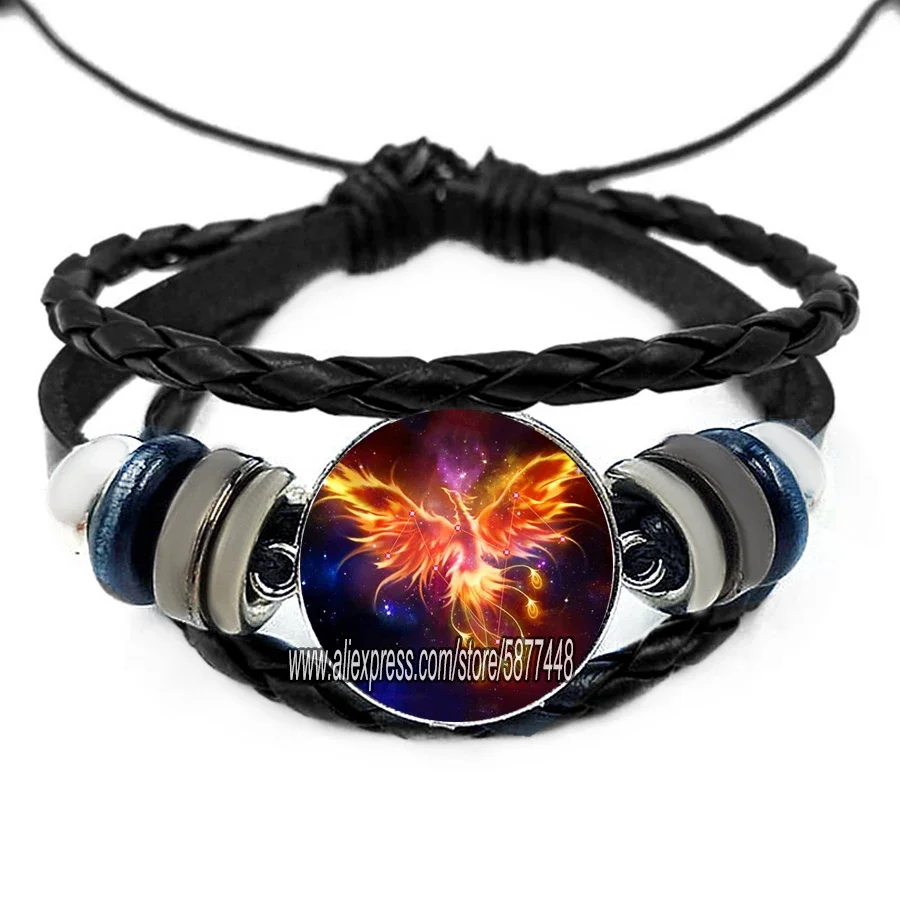 Evil Phoenix Charm Glass Cabochon Leather Man Bracelets Devastating Animal Layers Weave Handmade Punk Black Bracelets