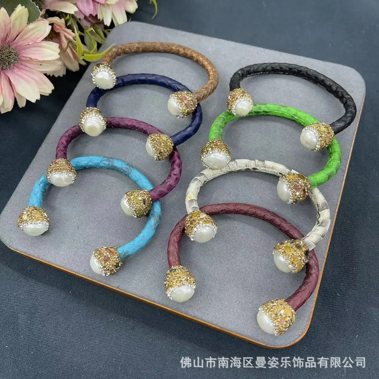 Autumn and winter new leather snake skin inlaid with baroque pearl tourmaline open bracelet popular natural stone jewelry in Eur
