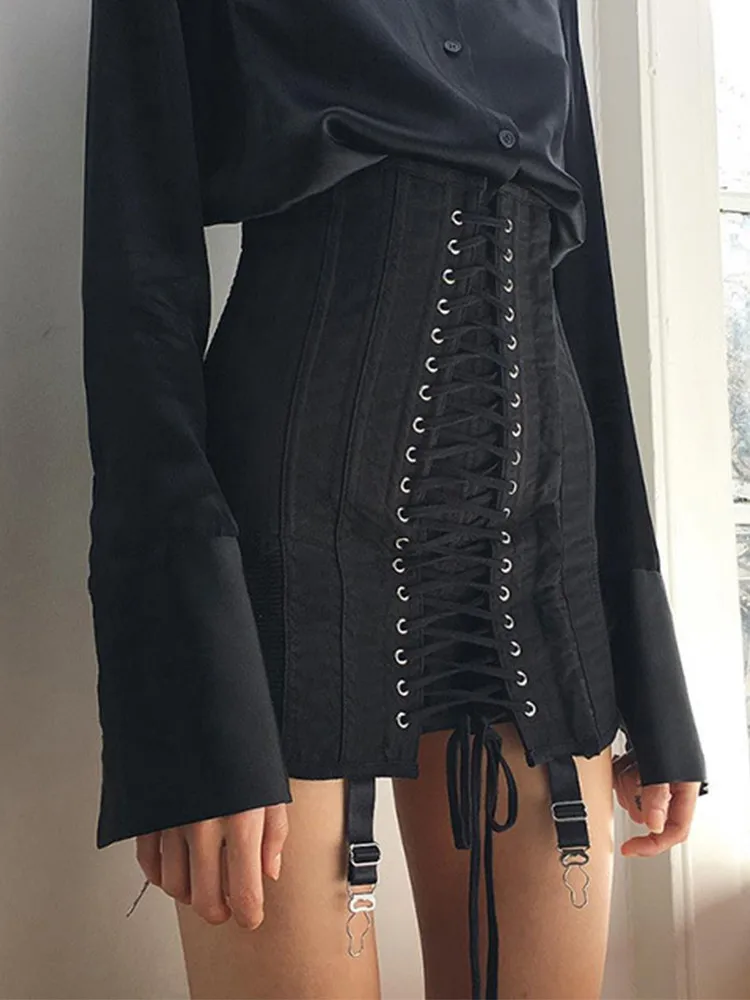 

Gothic Y2K Vintage Mini Skirt Women Punk Patchwork Summer High Waist Skirt Bodycon Eyelet Lace Up Aesthetic Sexy Skirts