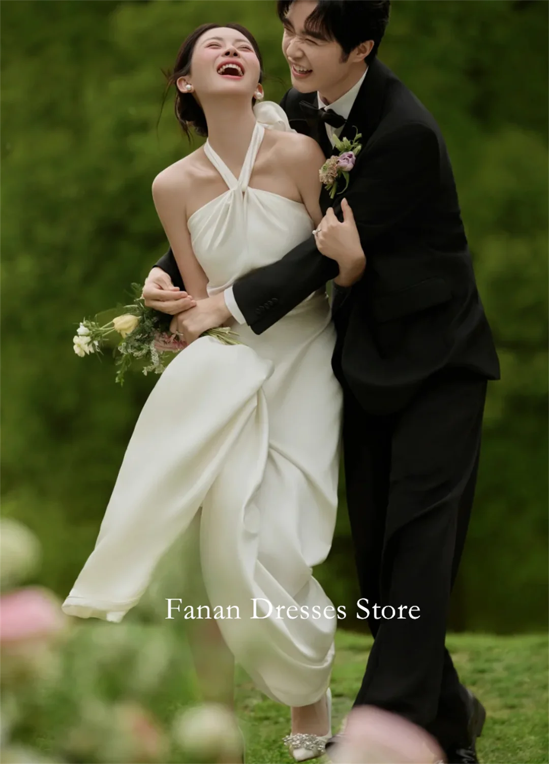 FANAN Korea Sheath Halter Neck Silk Satin Ruched Photography Wedding Dresses 웨딩드레스 Ivory Customized Pretty  Bride Dress