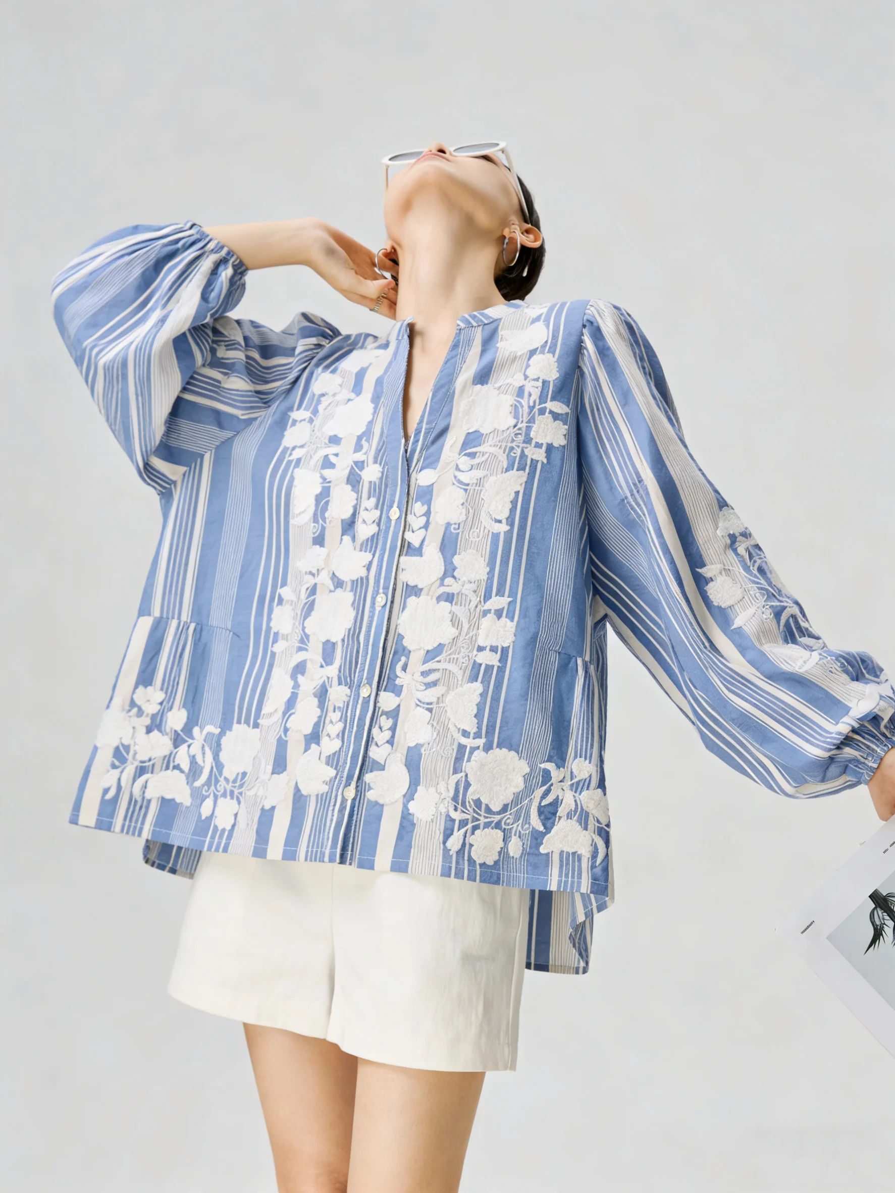 

Loose Women's Shirt V-neck Embroidered Striped Spring Fashion Casual Style Polyester Fiber Long Sleeve Regular Length