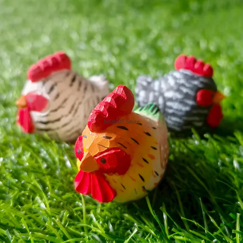 Red-crowned cute chicken Hand-carved solid wood handicrafts room desk decorative figurine Birthday gift for friend