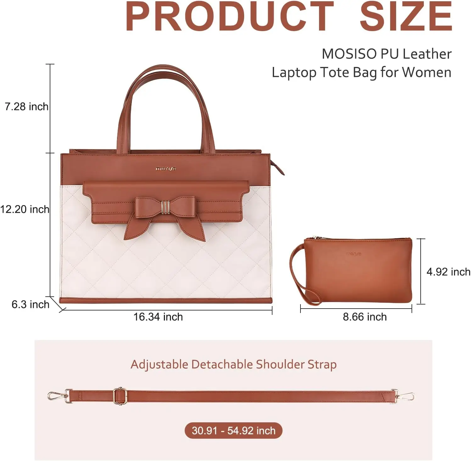 MOSISO Tote Bag 15.6 inch PU Leather Flapover Pocket Tote Bag & Clutch Purse Work Bag with Bowknot for Women Waterproof Fashion