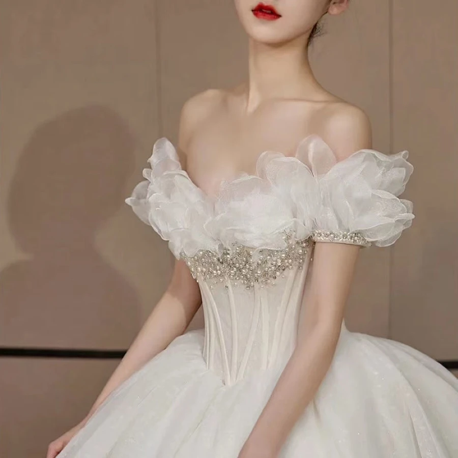 Off Shoulder Elegant Wedding Dress 2024 Flower Beaded A-Line Court Train Princess Bride Gown Customized A028