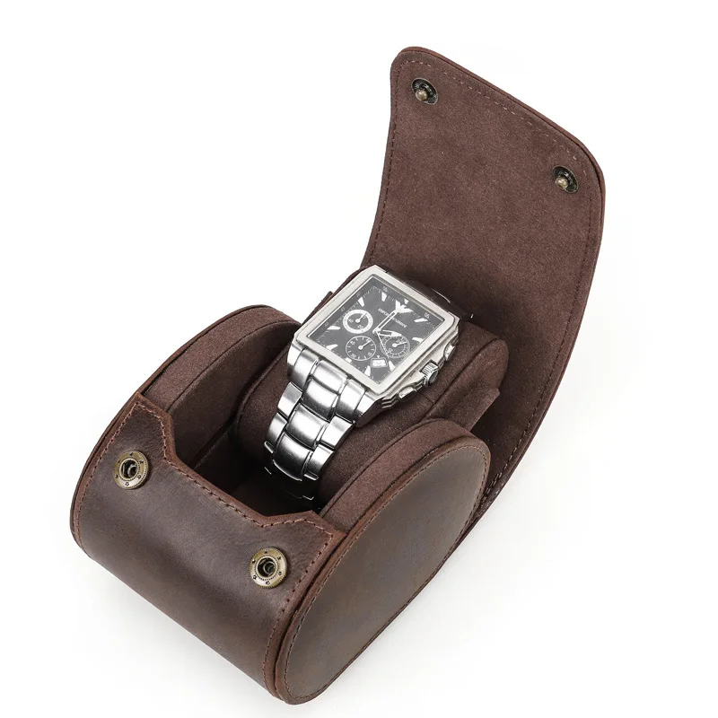 Vintage Crazy Horse Leather Portable Shockproof Watch Box for Single Mechanical Wristwatch Storage