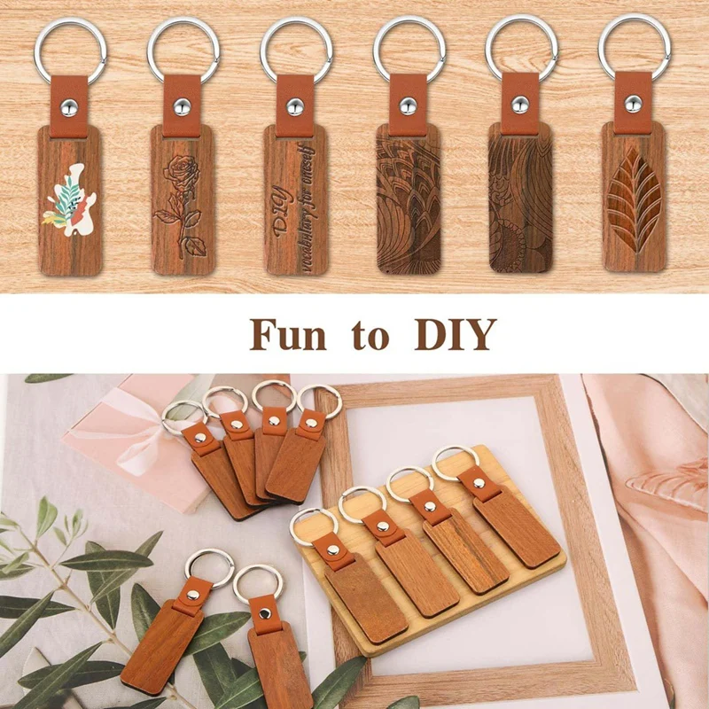 AA50-12Pcs Wooden Key Ring Blanks, Personalized Key Ring, Pendant With Key Ring, For Laser Engraving, DIY Key Rings