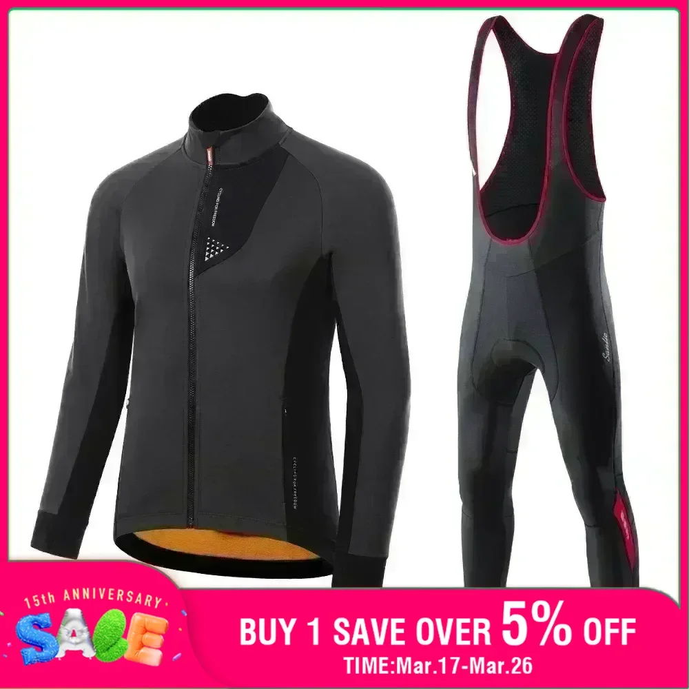 Santic Long Sleeve Warm Cycling Set for Men Winter Outdoor MTB Sports Fleece Jacket Bicycle Bib Pants Thermal Road Bike Suits