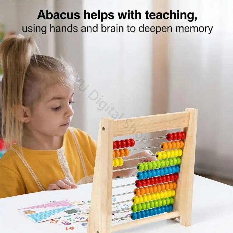 96BA Interactive Math Learning Tool Wooden Abacus With Colored Counting Beads Number Cards And Operations Table For Toddler