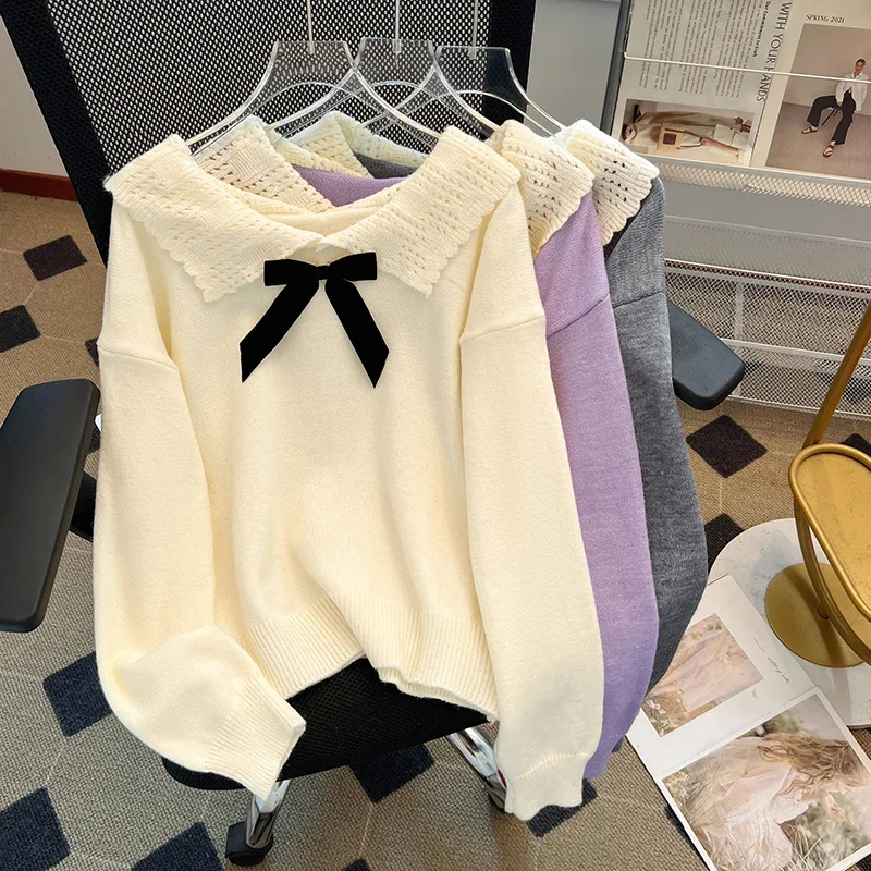 Sweet Peter Pan Collar Sweaters for Women Kawaii Bow All Match Drop Sleeve Pullover Autumn Winter Korean Fashion Cozy Loose Tops