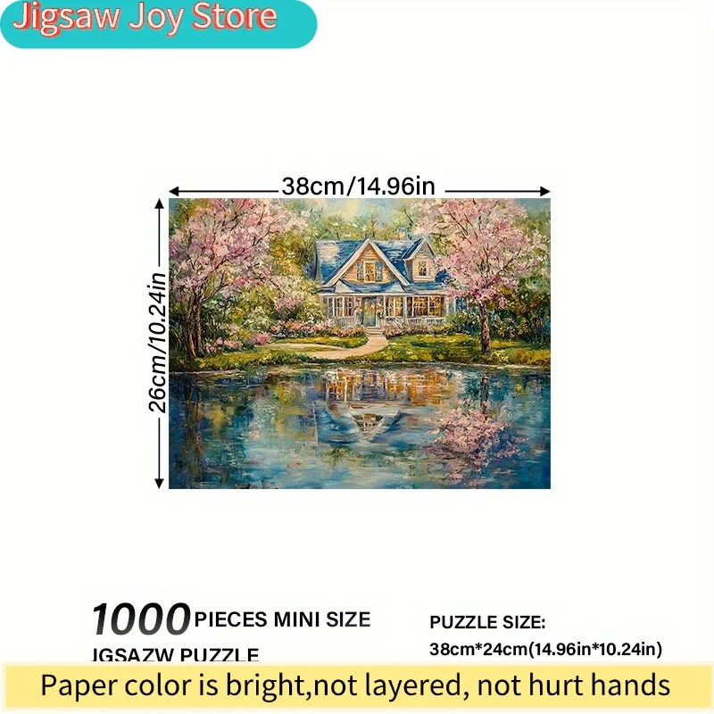 [Mini Jigsaw Puzzle] A Advanced Difficulty Mini Jigsaw Puzzle - Serene Lakeside House & Cherry Blossoms Scene, 14.96x10.24in,